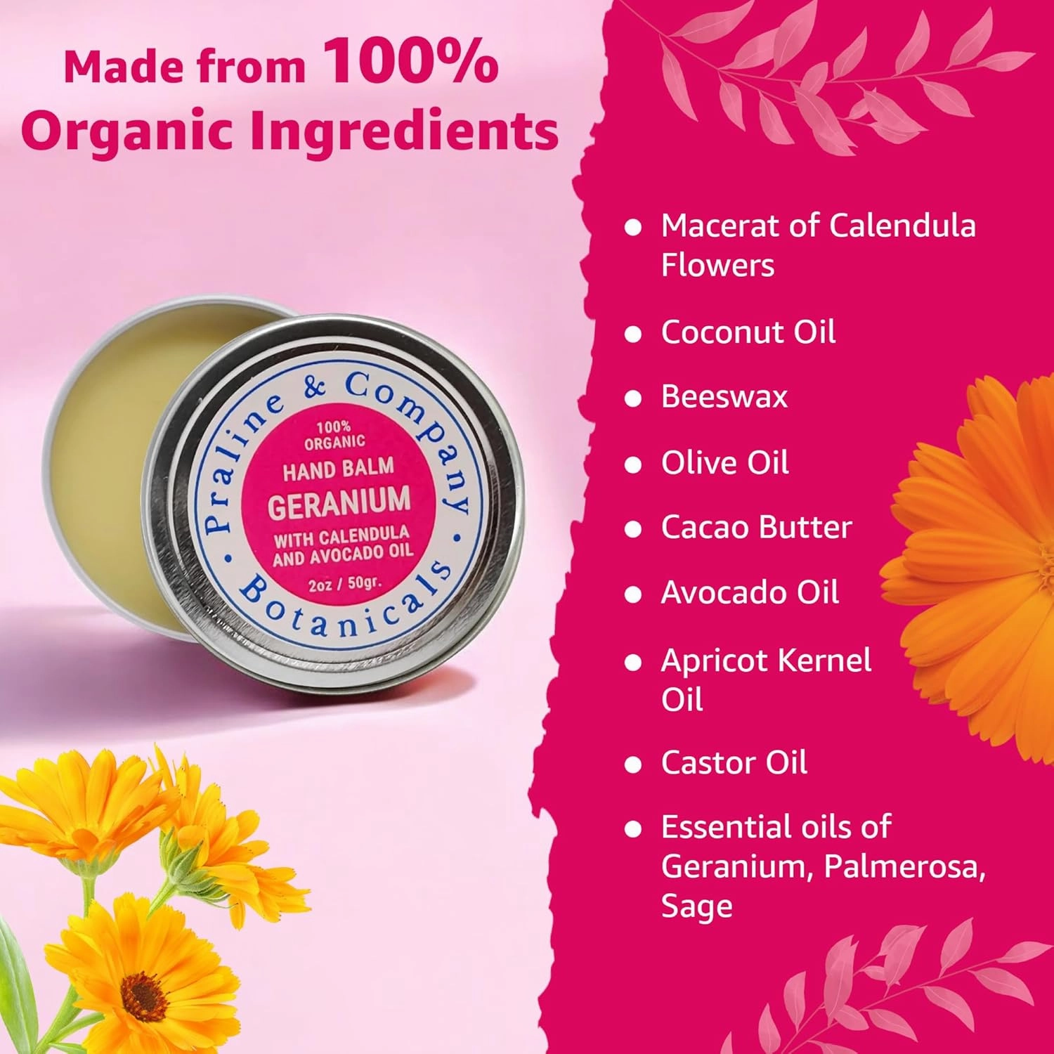 Geranium Hand Balm - Hydrating Hand Moisturizer for Chapped, Dry Hands - Organic & Plant-Based Hand Care - Handmade Salve Ointment with Palmarosa, Sage, Calendula Flowers & Avocado Oil - 2oz
