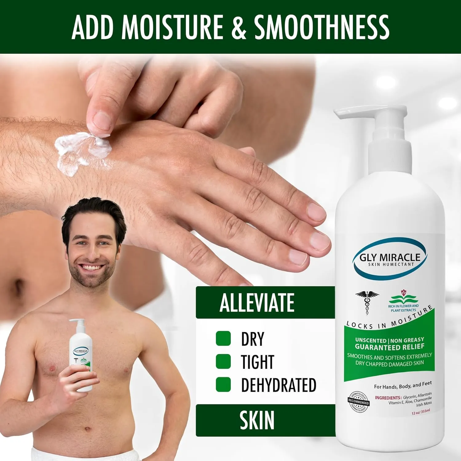 GLY MIRACLE Moisturizing Body Cream Lotion, 12 ounce - Non-Greasy Skin Humectant for Extremely Dry Skin, Hands, Body, and Feet, Fragrance-Free with Pure Glycerin for Nourishing Hydration.