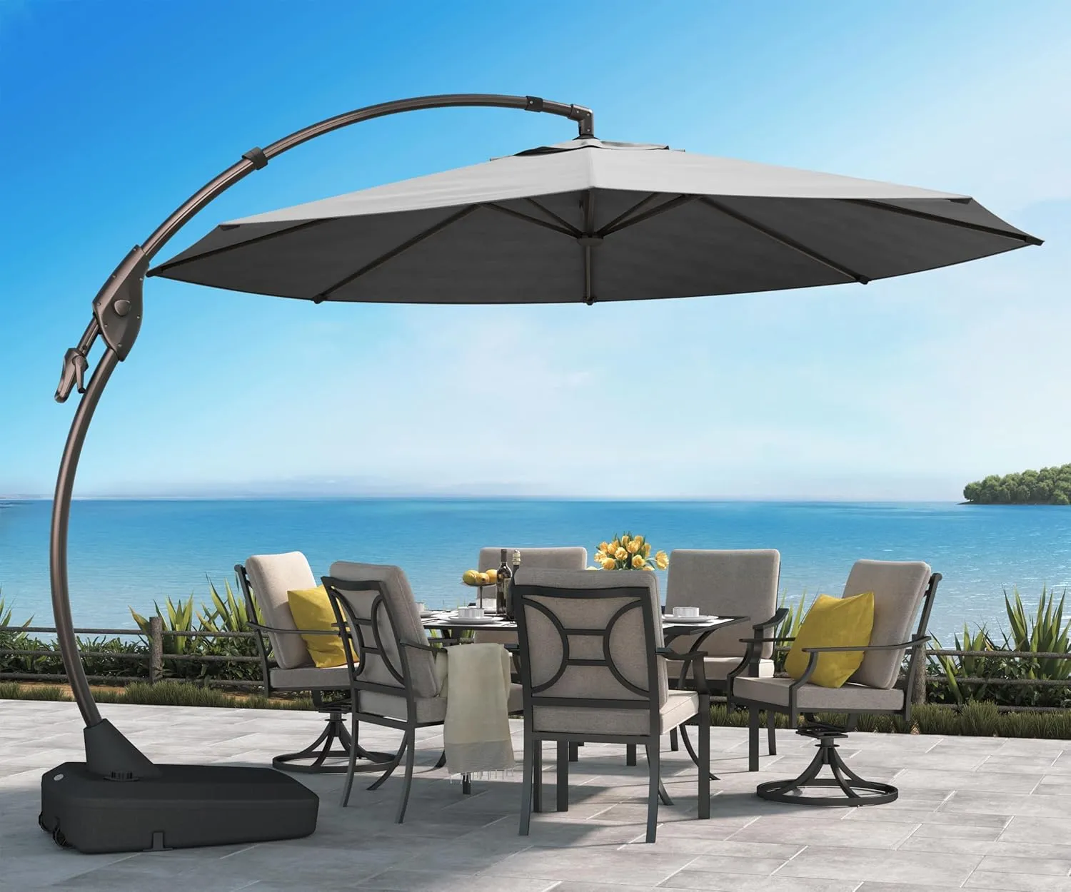 Grand patio 12' Sunbrella Cantilever Umbrella with Base Round Aluminum Offset Umbrella Outdoor Shade with Tilt Adjustment (Charcoal, 12 FT-SUNBRELLA)