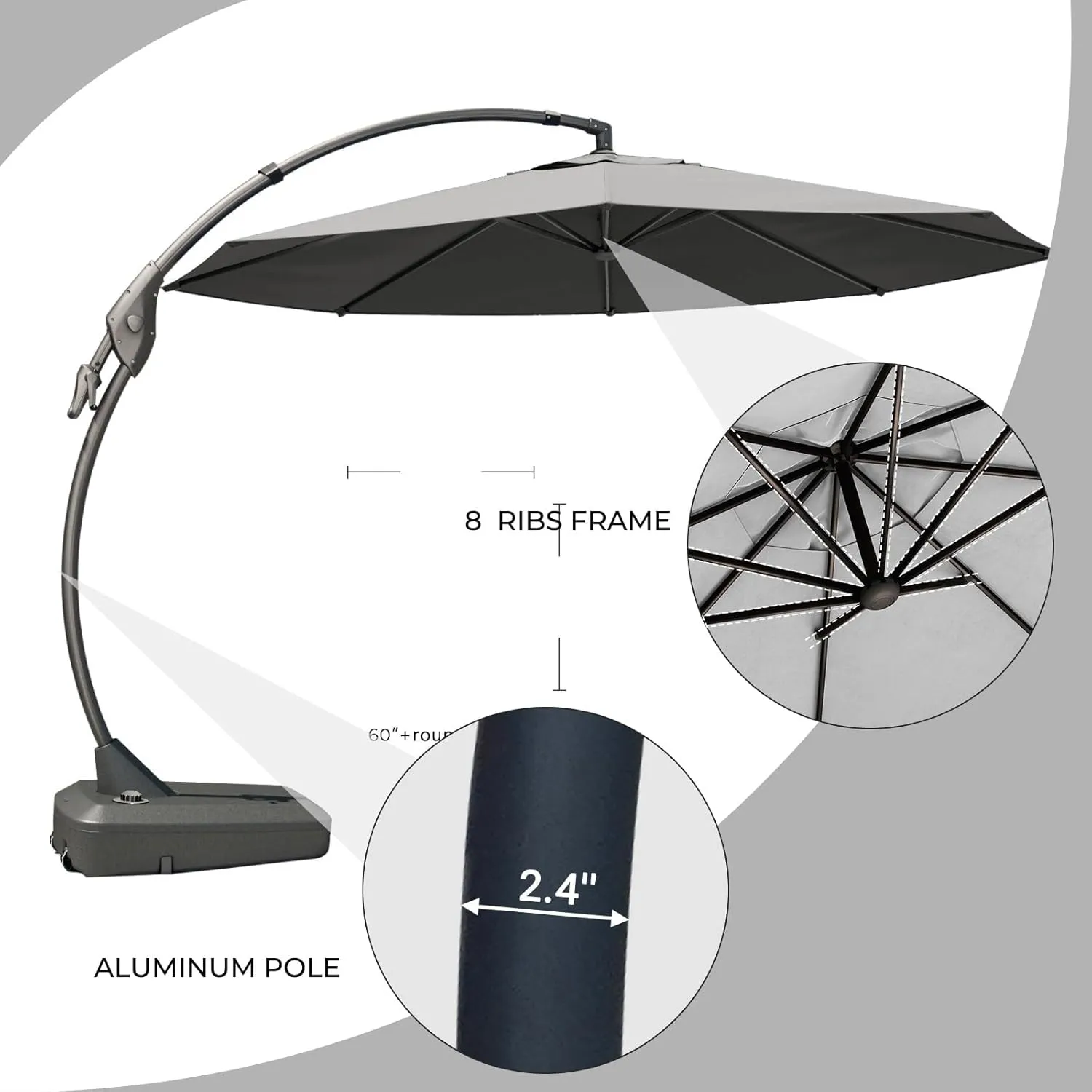 Grand patio 12' Sunbrella Cantilever Umbrella with Base Round Aluminum Offset Umbrella Outdoor Shade with Tilt Adjustment (Charcoal, 12 FT-SUNBRELLA)
