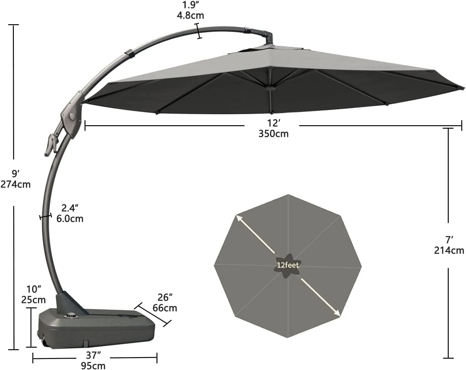 Grand patio 12' Sunbrella Cantilever Umbrella with Base Round Aluminum Offset Umbrella Outdoor Shade with Tilt Adjustment (Charcoal, 12 FT-SUNBRELLA)