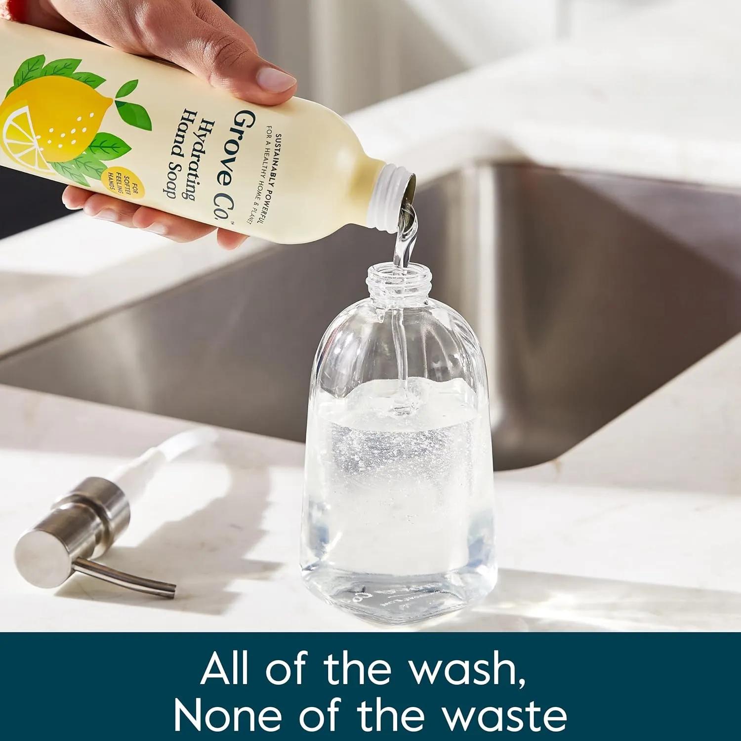 Grove Co. Hydrating Gel Hand Soap Refills (2 x 13 Fl Oz)   1 x Reuseable Glass Soap Dispenser, No Plastic Waste & Liquid Refillable Starter Kit, Natural Lemon & Eucalyptus Fragrance