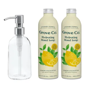 Grove Co. Hydrating Gel Hand Soap Refills (2 x 13 Fl Oz)   1 x Reuseable Glass Soap Dispenser, No Plastic Waste & Liquid Refillable Starter Kit, Natural Lemon & Eucalyptus Fragrance
