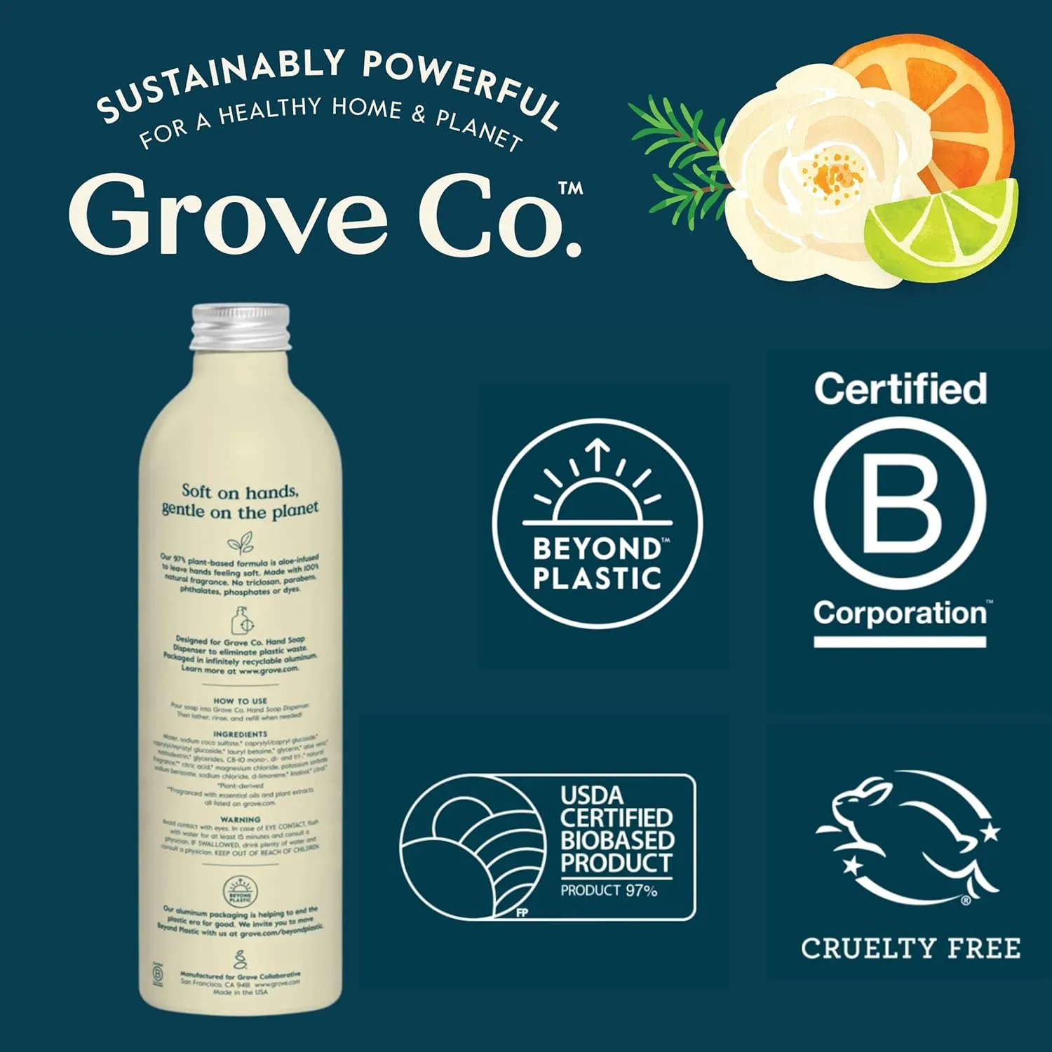 Grove Co. Hydrating Gel Hand Soap Refills (2 x 13 Fl Oz)   1 x Reuseable Glass Soap Dispenser, No Plastic Waste & Liquid Refillable Starter Kit, Natural Lemon & Eucalyptus Fragrance
