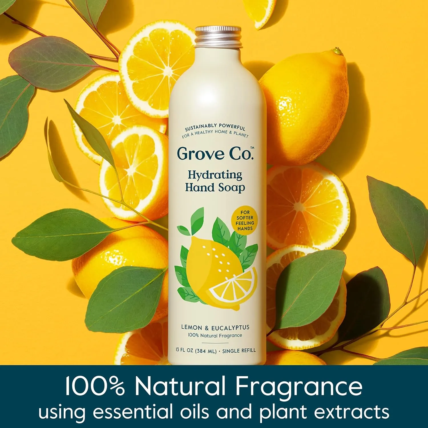 Grove Co. Hydrating Gel Hand Soap Refills (2 x 13 Fl Oz)   1 x Reuseable Glass Soap Dispenser, No Plastic Waste & Liquid Refillable Starter Kit, Natural Lemon & Eucalyptus Fragrance