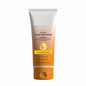 GT 3-in-1 Vitamin C Face Scrub-Mask-Wash for Skin Brightening Effect | 100ml x 1 | Multi-action Vitamin C Fa.ce Wash, Fa.ce Scrub, Fa.ce Mask with Kaolin Clay, Grape Seed Extract & Aloe Vera