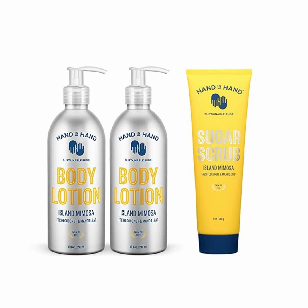 Hand in Hand Moisturizing Bundle, Body Lotion 10 FL Oz. (2 Pack), with Sugar Scrub 9 Oz. (Single), Island Mimosa Scent