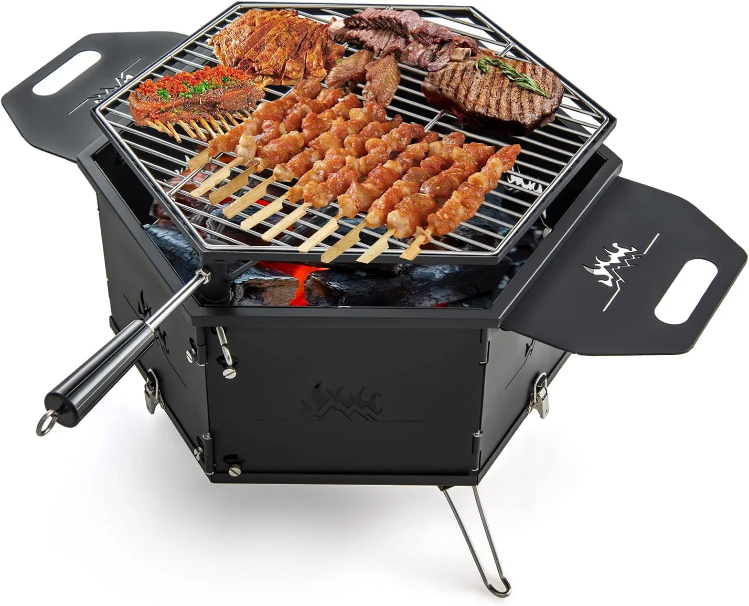 HAPPYGRILL Portable Charcoal Grill Stove, Outdoor Hibachi Grill Smoker w/ 360° Rotatable Grill, Foldable Body & Legs, Heavy-duty BBQ Grill w/Handles for Cooking & Heating