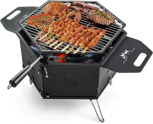 HAPPYGRILL Portable Charcoal Grill Stove, Outdoor Hibachi Grill Smoker w/ 360° Rotatable Grill, Foldable Body & Legs, Heavy-duty BBQ Grill w/Handles for Cooking & Heating