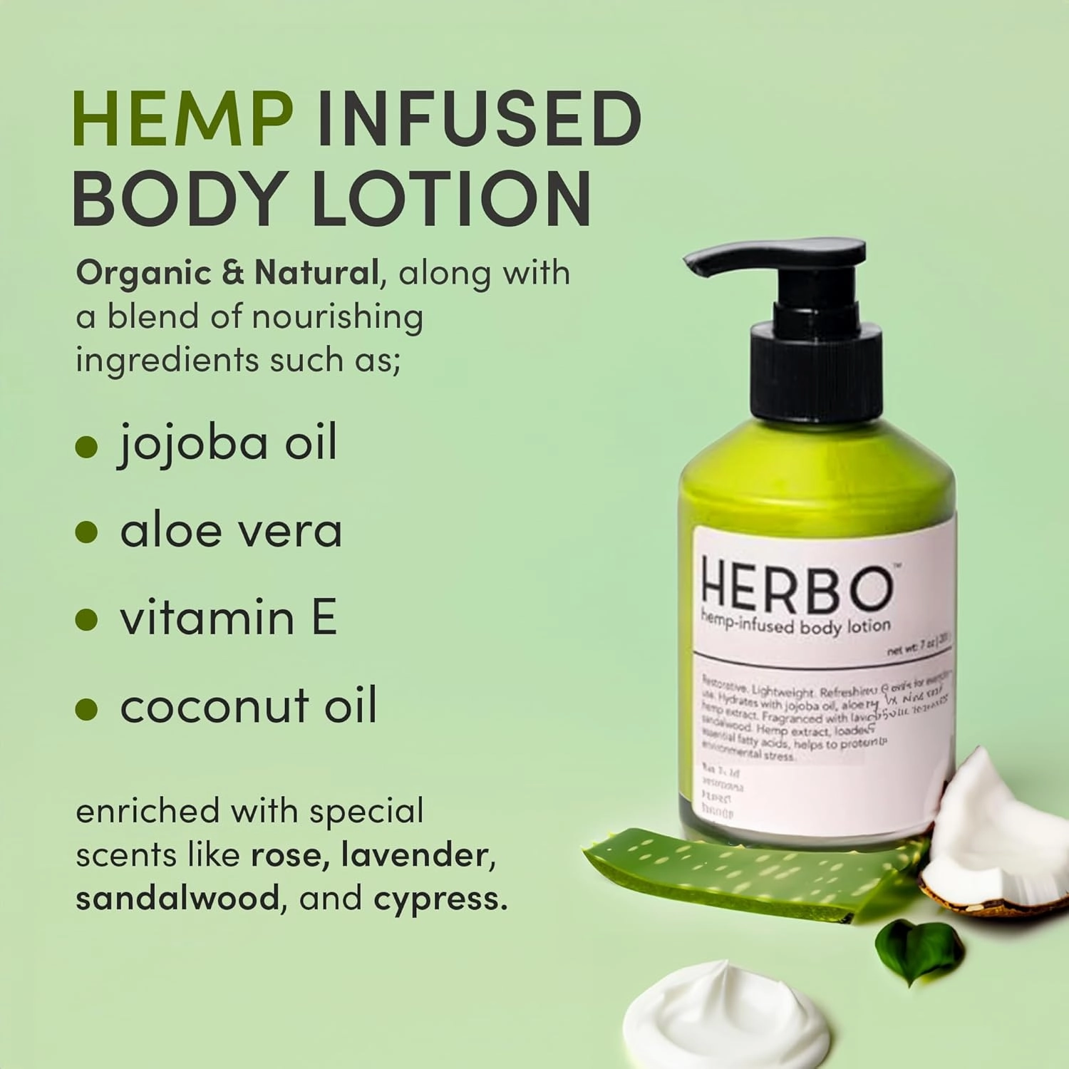 Hemp Body Lotion with Coconut Oil - Organic & Natural Body Moisturizer for Women & Men - Cruelty-Free, Paraben-Free Body Cream for All Skin 7 oz