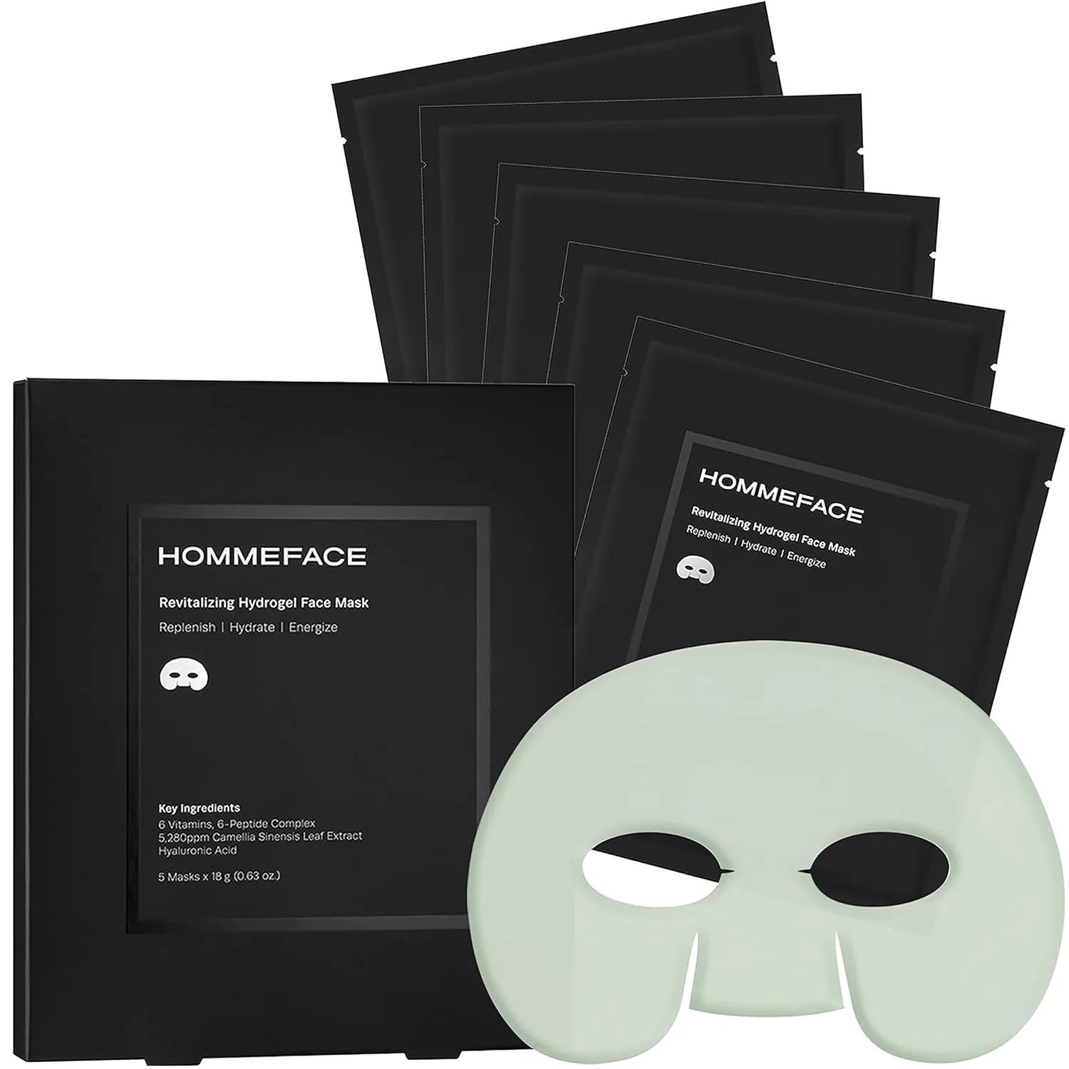HommeFace Revitalizing Hydrogel Facial Mask Set for Men (5ct) - Hydrating, Anti-aging & Soothing Face Sheet Mask with Hyaluronic Acid, Vitamin B, C, E & Peptides, Beard-Friendly