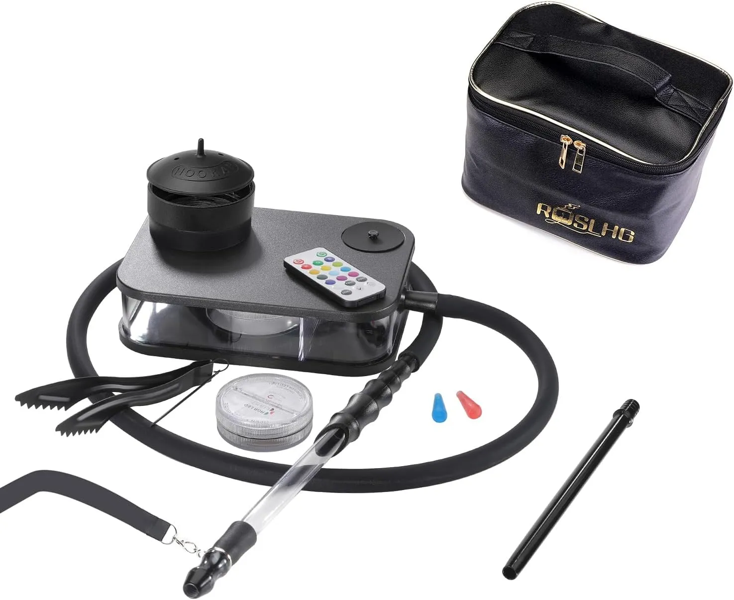 hookah, Matte black portable hookah set, Black handle   metal handle, same color silicone bowl and hose   black knife holder   travel bag   travel cigarette holder and more……