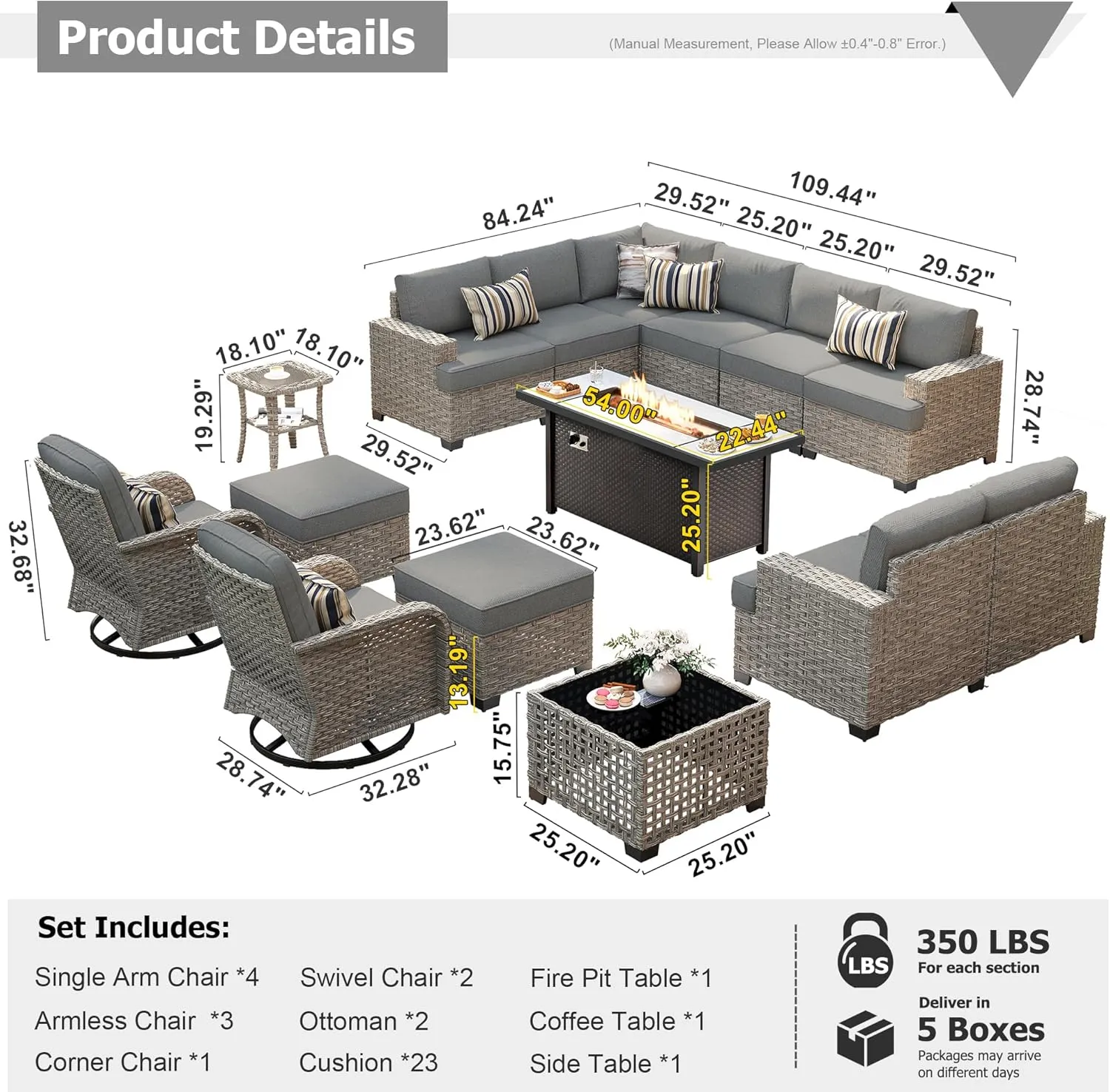HOOOWOOO Outdoor Sectional Patio Furniture Set with Fire Pit Table,15 Pieces Wicker Conversation Sets L Shaped Couch,Extra Deep Out Door Sofa Outside Furniture with Swivel Chairs Ottoman,Charcoal Gray