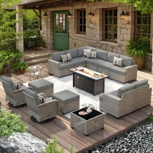 HOOOWOOO Outdoor Sectional Patio Furniture Set with Fire Pit Table,15 Pieces Wicker Conversation Sets L Shaped Couch,Extra Deep Out Door Sofa Outside Furniture with Swivel Chairs Ottoman,Charcoal Gray