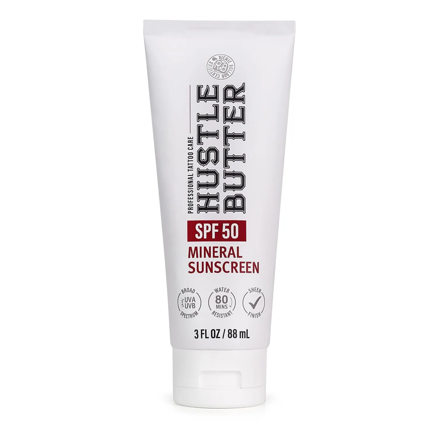 Hustle Butter Tattoo Aftercare Sunscreen - Tattoo Sunscreen Lotion - Fade Protection, SPF 50, Hydrating with Shea Butter & Coconut Oil, TSA-Friendly, Water Resistant, Non-Greasy, 3 oz