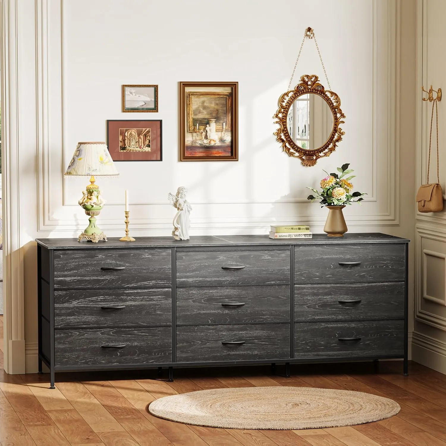 Huuger 63 Inch Dresser for Bedroom, Dresser for Closet with 9 Drawers, Large TV Stand for 55, 65, 70 Inch TV, Entertainment Center, Wide Long Chest of Drawers, Charcoal Black Wood Grain Print