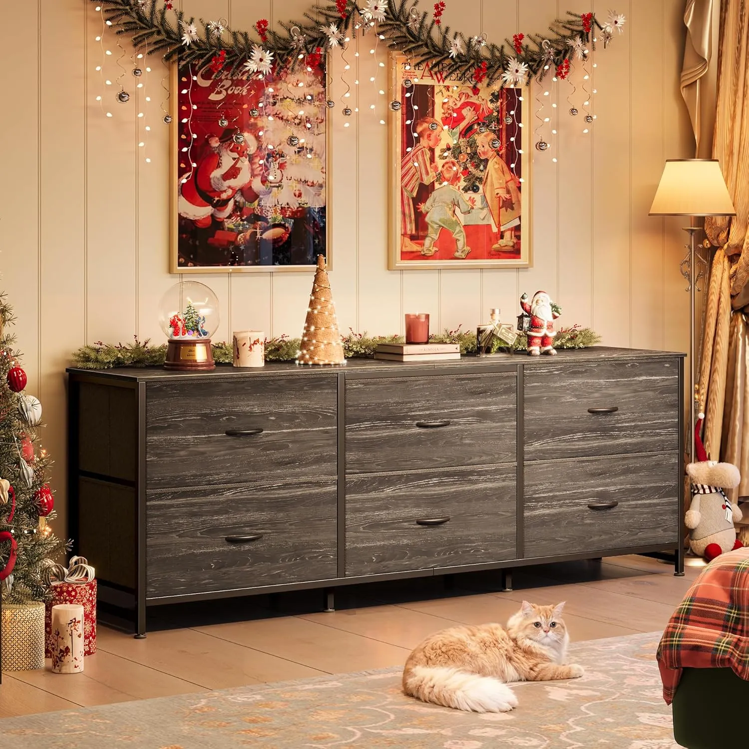 Huuger 63 Inch Long Dresser for Bedroom, TV Stand for 55, 65, 70 Inch TV, 6 Drawer Dresser for Closet with Fabric Drawers, Storage Organizer for Bedroom, Entryway, Charcoal Black Wood Grain Print