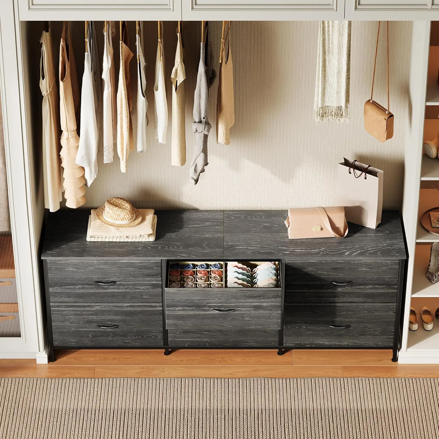Huuger 63 Inch Long Dresser for Bedroom, TV Stand for 55, 65, 70 Inch TV, 6 Drawer Dresser for Closet with Fabric Drawers, Storage Organizer for Bedroom, Entryway, Charcoal Black Wood Grain Print