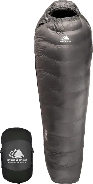 Hyke & Byke Katahdin 32 F Hiking & Backpacking Sleeping Bag - 4 Season, 625FP Ultralight Sleeping Bag - Water Resistant - Charcoal Gray - Short