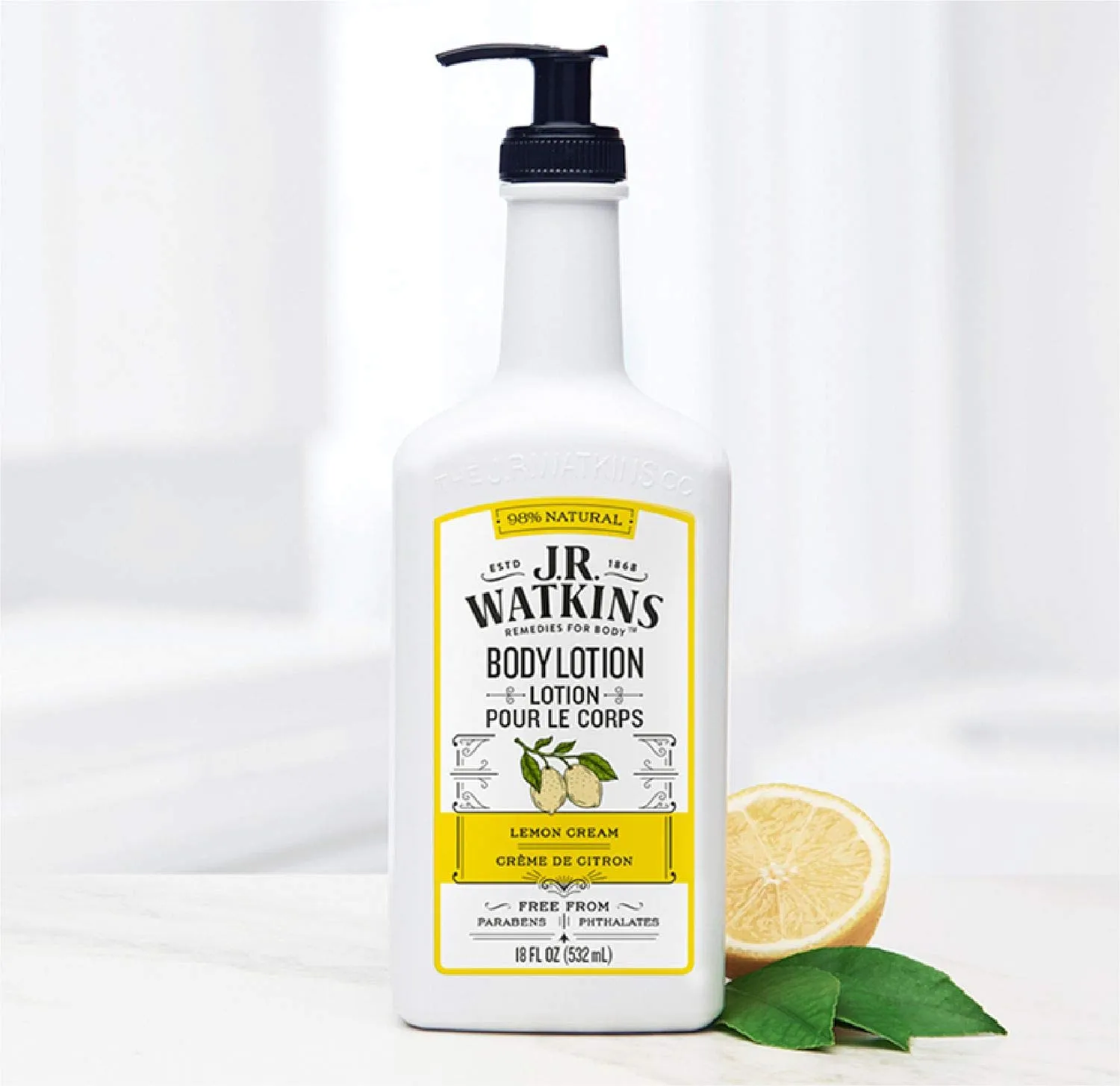 J.R. Watkins Daily Moisturizing Lotion – Body Cream in Pump Dispenser – Hydrating Skin Cream Made with Shea Butter, Cocoa Butter, Coconut Oil & Vitamin E, Lemon Cream, 18 fl oz