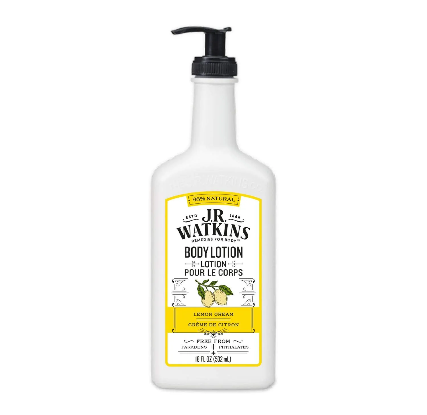 J.R. Watkins Daily Moisturizing Lotion – Body Cream in Pump Dispenser – Hydrating Skin Cream Made with Shea Butter, Cocoa Butter, Coconut Oil & Vitamin E, Lemon Cream, 18 fl oz