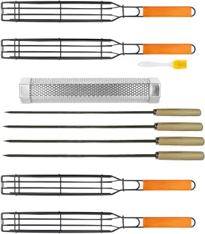 Kabob Grilling Baskets - BBQ Grill Accessories Set of 4 with 12' Stainless Steel Smoker Tube Grills and Rotisserie Basket for Vegetables