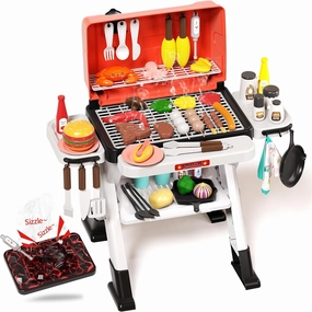 Kids Play Kitchen Toys, Outdoor BBQ Grill Playset with Smoke Sound & Light, Pretend Food Toys Barbecue Cooking Set for Toddlers Boys Girls 3 4 5 6 7 8