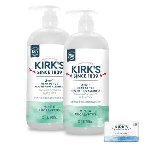 Kirk's 3-in-1 Head to Toe Nourishing Liquid Cleanser & Travel Size Bar Soap - for Men, Women & Children - Premium Coconut Oil & Aloe Vera- Non GMO & Vegan -Mint & Eucalyptus - 32 Fl Oz. 2 pack