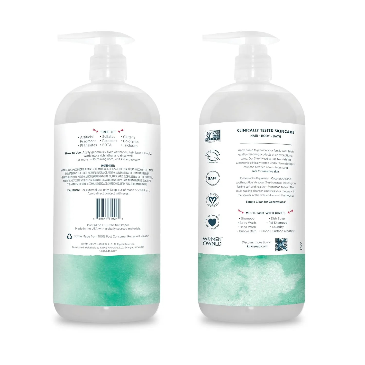 Kirk's 3-in-1 Head to Toe Nourishing Liquid Cleanser & Travel Size Bar Soap - for Men, Women & Children - Premium Coconut Oil & Aloe Vera- Non GMO & Vegan -Mint & Eucalyptus - 32 Fl Oz. 2 pack