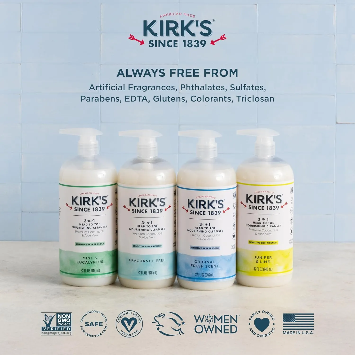 Kirk's 3-in-1 Head to Toe Nourishing Liquid Cleanser- for Men, Women & Children - Premium Coconut Oil & Aloe Vera- Non GMO & Vegan -Original Fresh Scent - 32 Fl Oz