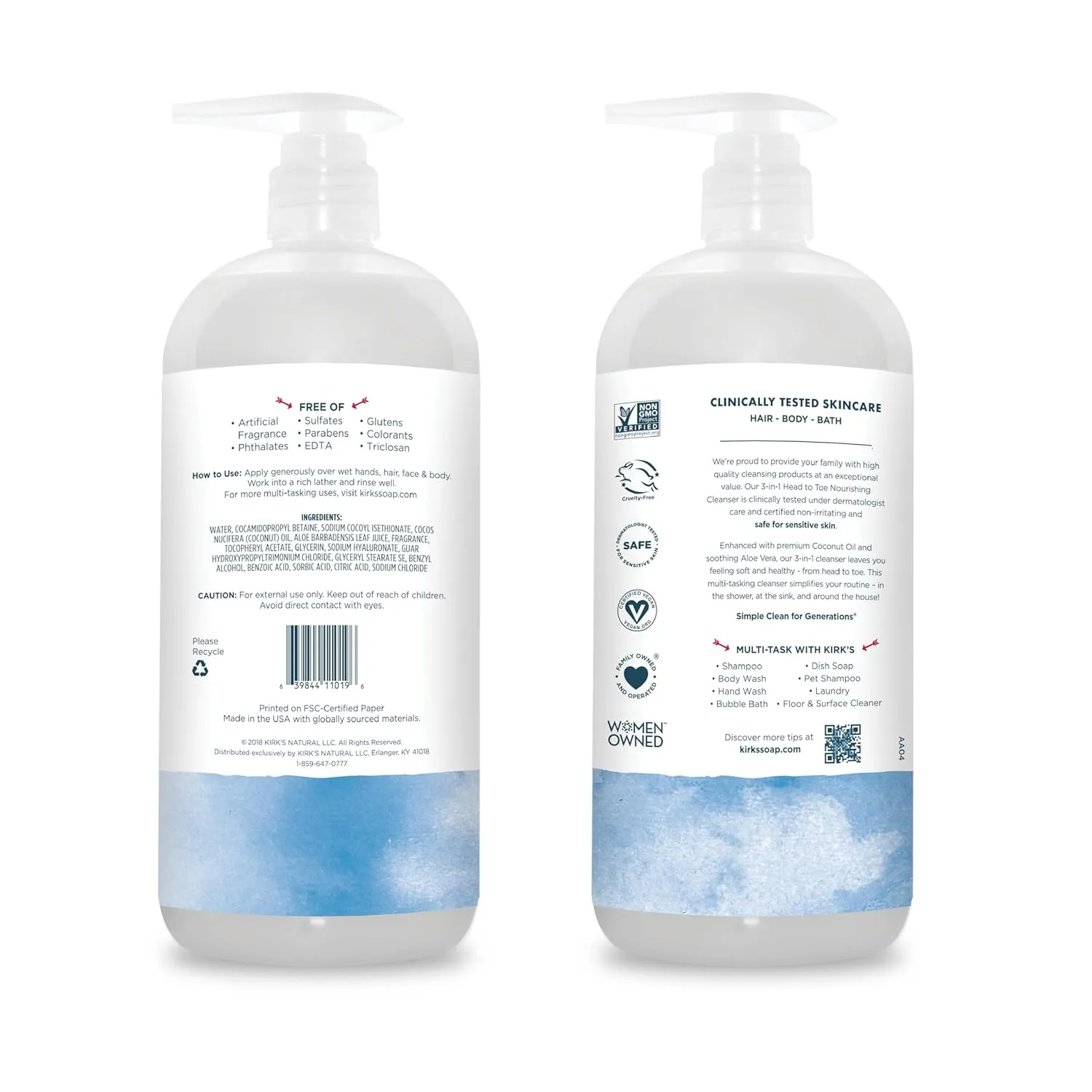 Kirk's 3-in-1 Head to Toe Nourishing Liquid Cleanser- for Men, Women & Children - Premium Coconut Oil & Aloe Vera- Non GMO & Vegan -Original Fresh Scent - 32 Fl Oz
