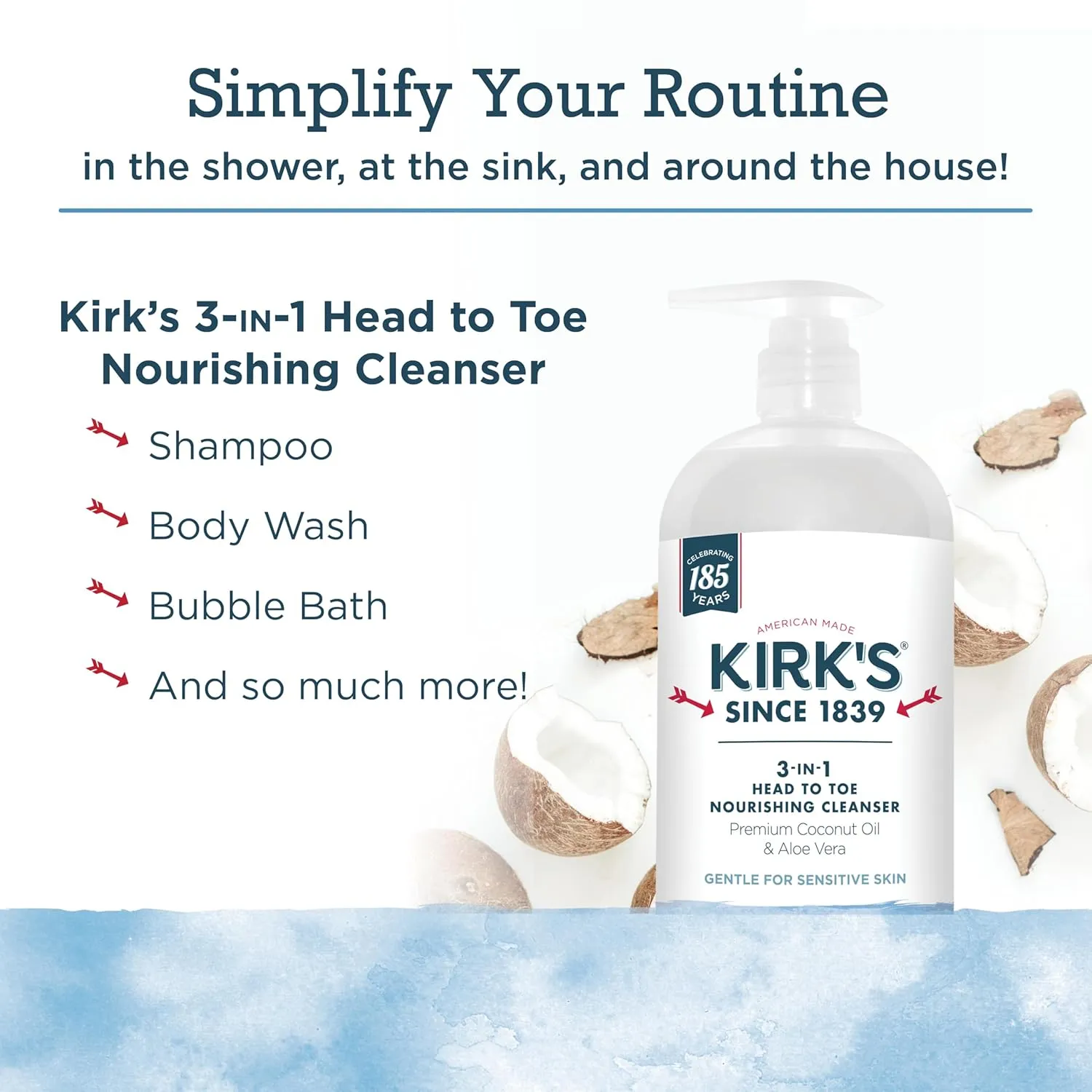 Kirk's 3-in-1 Head to Toe Nourishing Liquid Cleanser- for Men, Women & Children - Premium Coconut Oil & Aloe Vera- Non GMO & Vegan -Original Fresh Scent - 32 Fl Oz