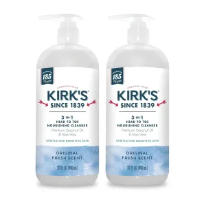 Kirk's 3-in-1 Head to Toe Nourishing Liquid Cleanser- for Men, Women & Children - Premium Coconut Oil & Aloe Vera- Non GMO & Vegan -Original Fresh Scent - 32 Fl Oz