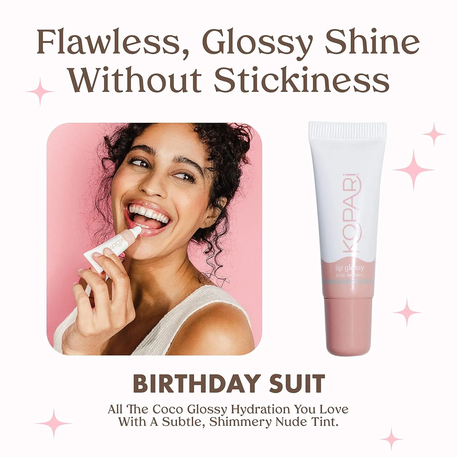 Kopari Coconut Lip Glossy | Nude Tint Birthday Suit | Vegan Hydrating Moisturizing Lip Oil Vitamin E Shea Butter Long Wear High Shine Non Sticky | Natural Clean Plant Based Non Toxic Balm Paraben Free