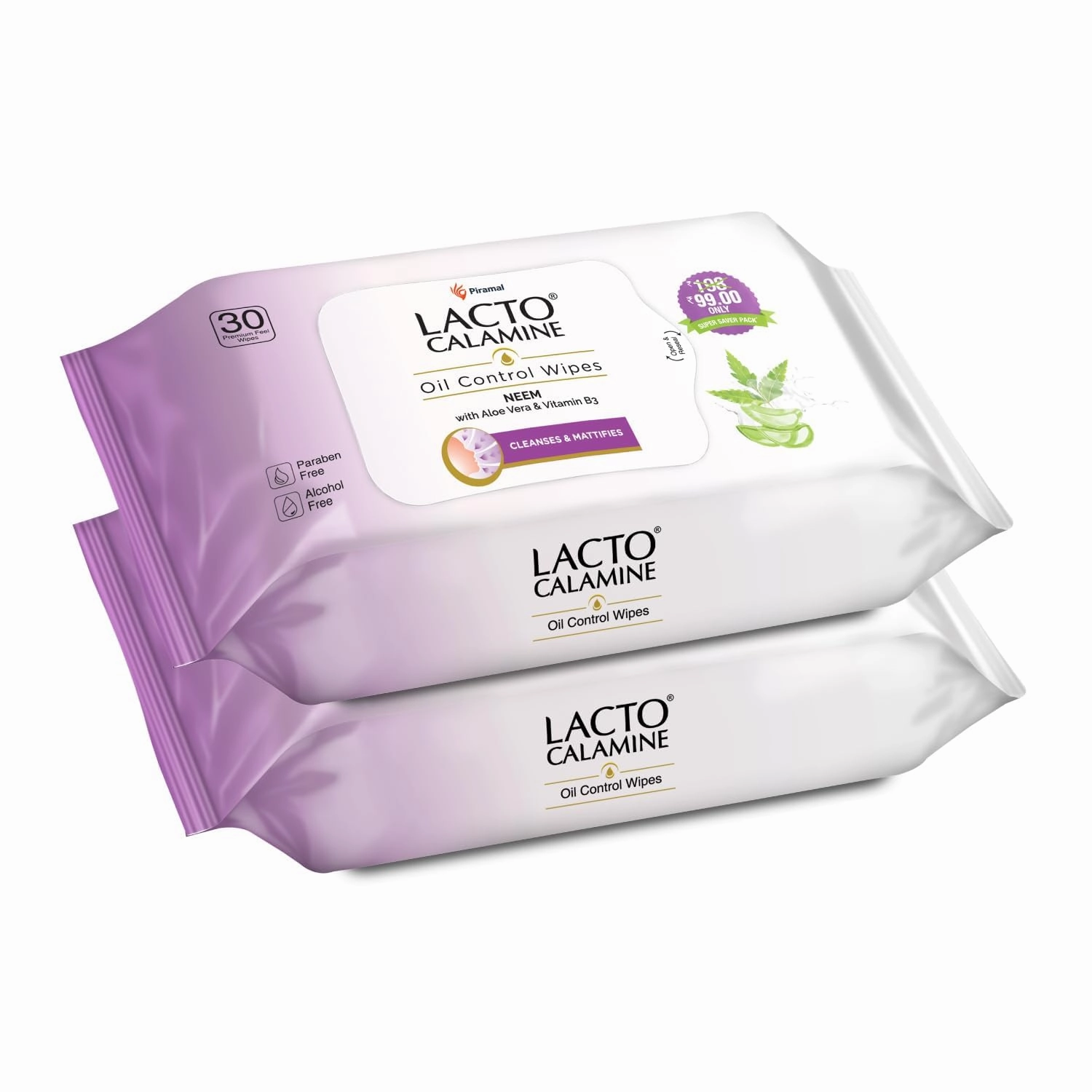 Lact'o Calamin'e Oil Control Face Wipes | 30 N each- Pack of 2 | Wet Wipes for Face With Neem, Aloe Vera & Niacinamide | Makeup Remover Wipes | Hydrating, Refreshing, Soothing |