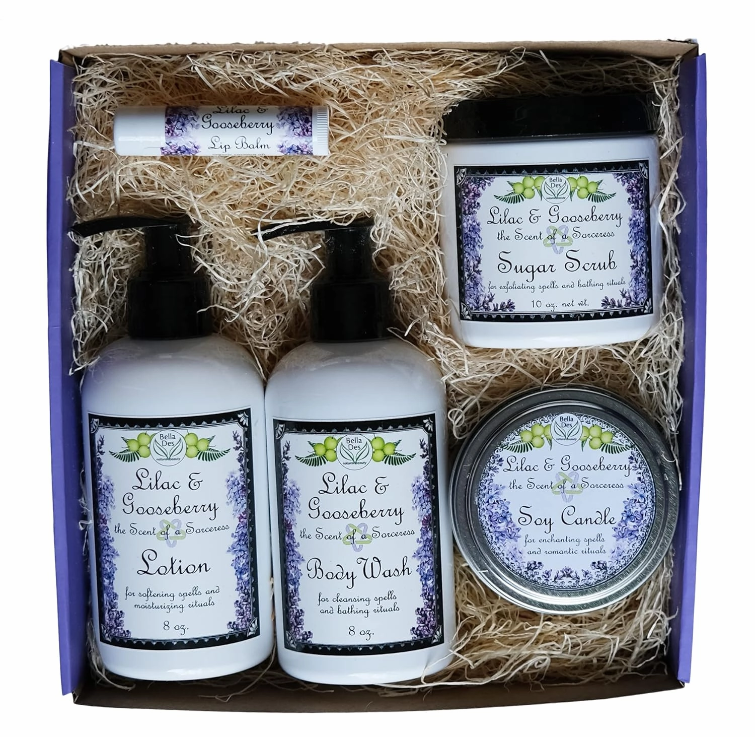 Lilac and Gooseberry Gift Box | Lotion, Body Wash, Scrub, Candle and Lip Balm | Full Size Products | In Box with Bow and Card | Yennefer Perfume Scent of a Sorceress by Bella Des Natural Beauty