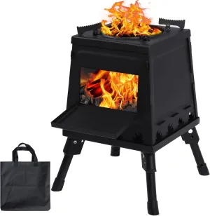 Lineslife Wood Burning Camp Stove, Portable Cast Iron Camping Wood Stove, Black Woodstove with Carrying Case for Backpacking Outdoor Cooking