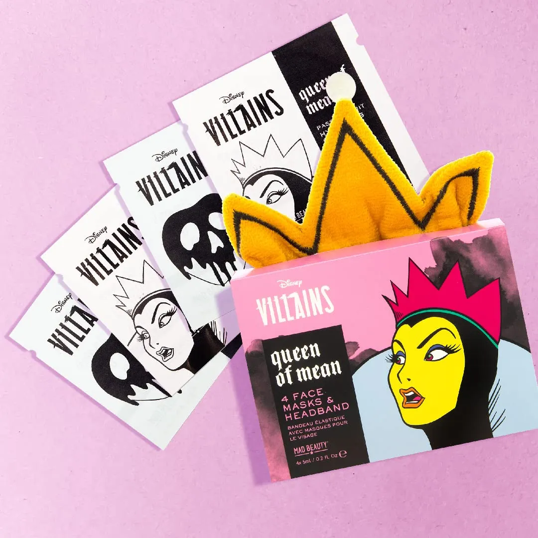 MAD Beauty Disney Villains Headband & 4 Face Masks Set Queen of Mean Evil Queen, Aloe Vera, Achieve Revitalized Skin & Keep Stray Hairs Away, Passionfruit, Apple - Gift for Women, Girl