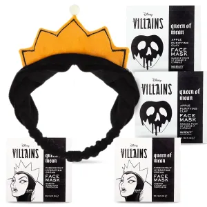 MAD Beauty Disney Villains Headband & 4 Face Masks Set Queen of Mean Evil Queen, Aloe Vera, Achieve Revitalized Skin & Keep Stray Hairs Away, Passionfruit, Apple - Gift for Women, Girl