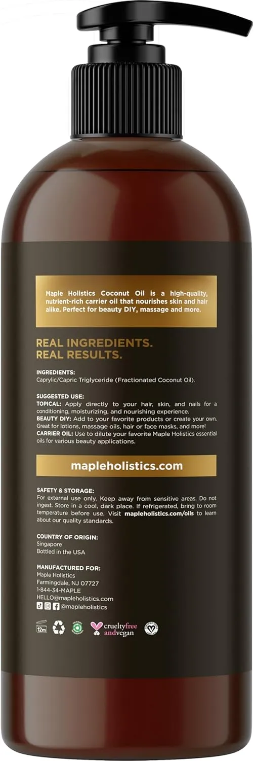 Maple Holistics Pure Fractionated Coconut Oil - 16 Fl Oz Liquid Moisturizer for Hair, Skin, Nails, Essential Oil Mixing, and Massages