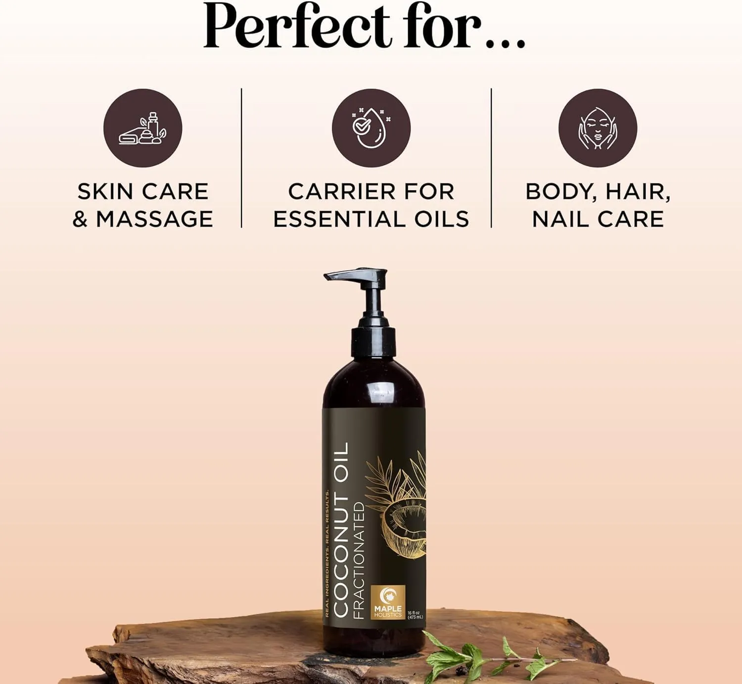 Maple Holistics Pure Fractionated Coconut Oil - 16 Fl Oz Liquid Moisturizer for Hair, Skin, Nails, Essential Oil Mixing, and Massages