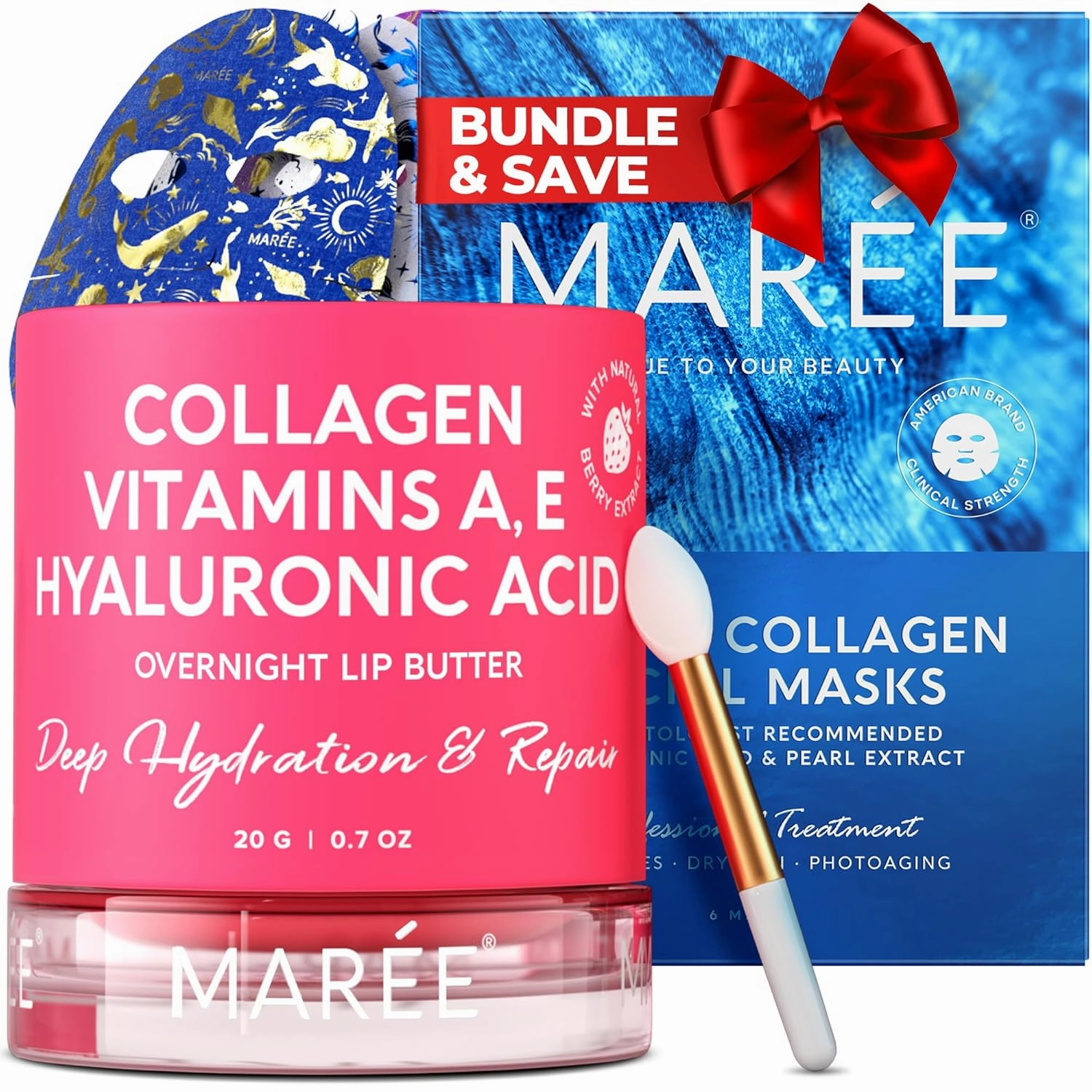 MAREE Radiant Beauty Duo - Lip Mask with Hyaluronic Acid & Coconut Oil & Facial Masks Bundle - Nourish & Hydrate Dry Cracked Lips, Hydrating Skin Care Mask with Pearl Extract - All Skin Types