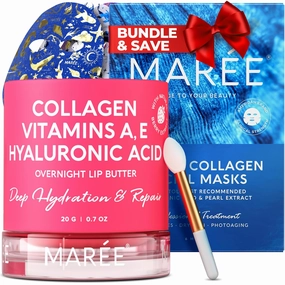 MAREE Radiant Beauty Duo - Lip Mask with Hyaluronic Acid & Coconut Oil & Facial Masks Bundle - Nourish & Hydrate Dry Cracked Lips, Hydrating Skin Care Mask with Pearl Extract - All Skin Types