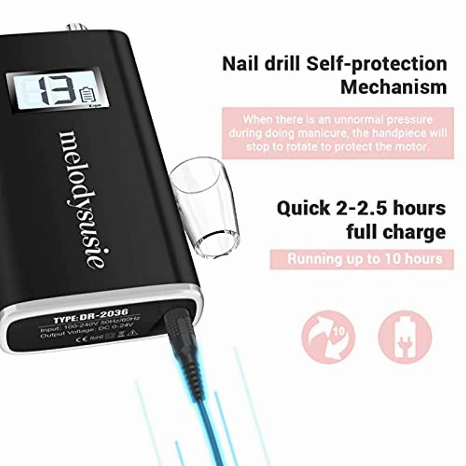 MelodySusie Professional Rechargeable 30000 rpm Nail Drill with 10Pcs Diamond Nail Drill Bit Set, Portable Electric E File Scamander, Acrylic Gel Grinder Tools with 6 Bits and Sanding Bands