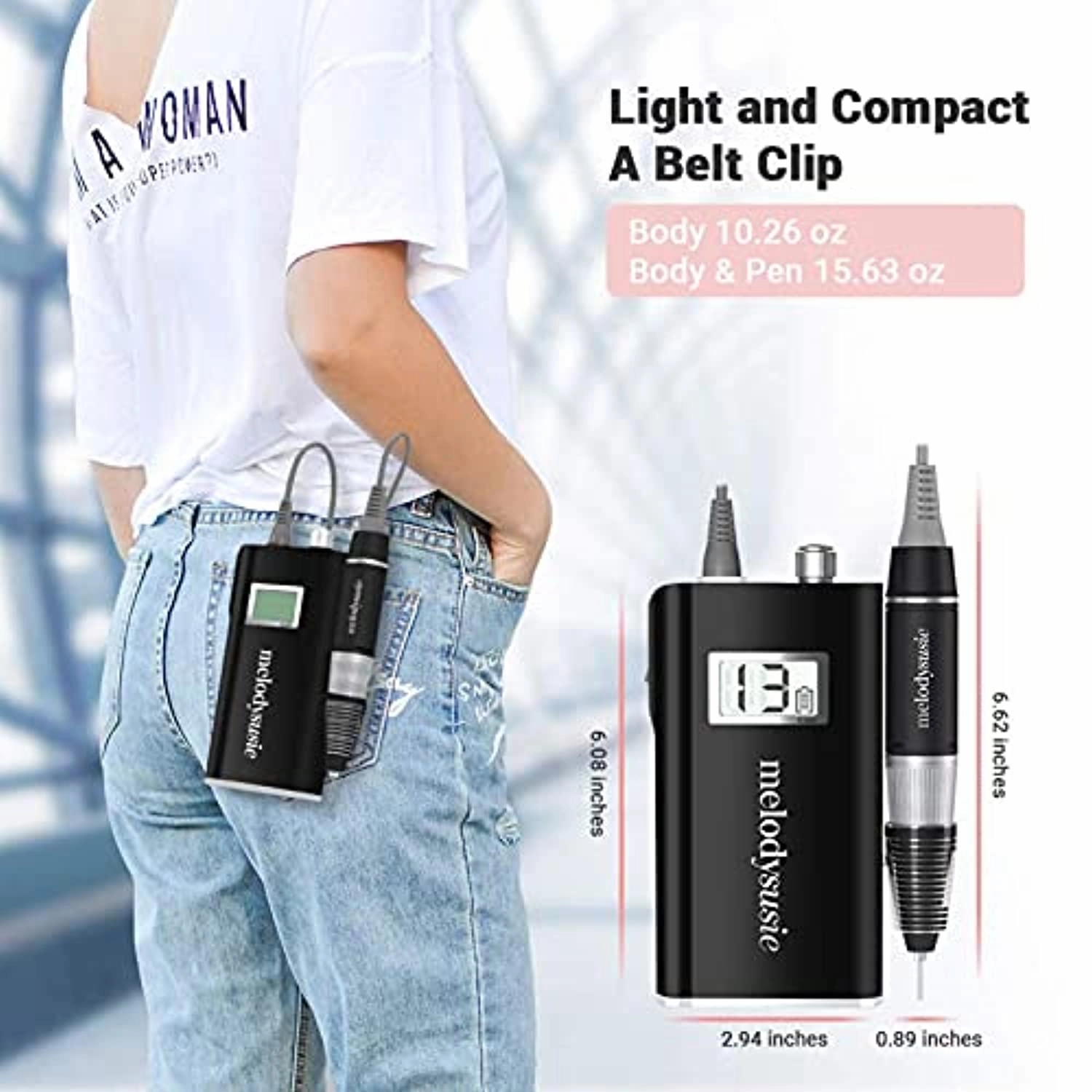 MelodySusie Professional Rechargeable 30000 rpm Nail Drill with 10Pcs Diamond Nail Drill Bit Set, Portable Electric E File Scamander, Acrylic Gel Grinder Tools with 6 Bits and Sanding Bands