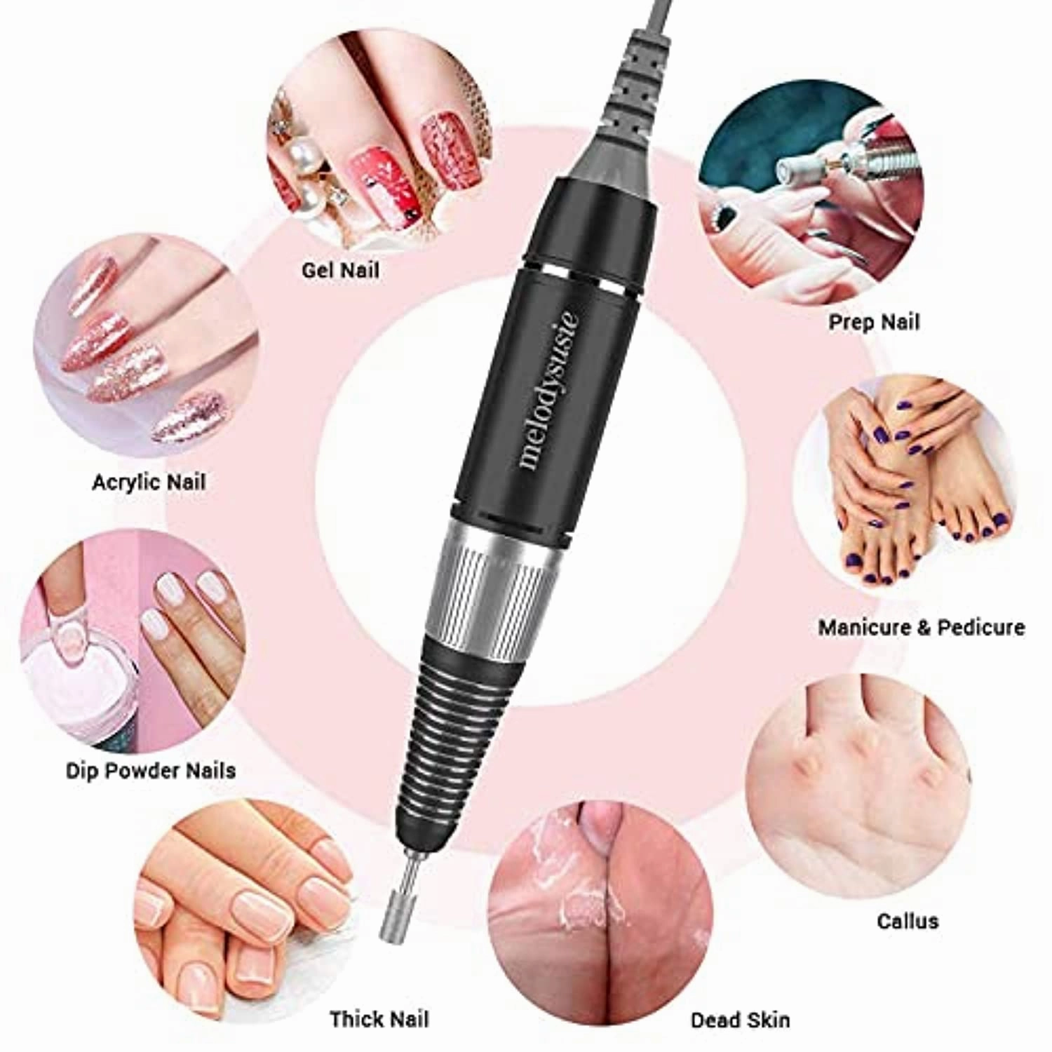 MelodySusie Professional Rechargeable 30000 rpm Nail Drill with 10Pcs Diamond Nail Drill Bit Set, Portable Electric E File Scamander, Acrylic Gel Grinder Tools with 6 Bits and Sanding Bands