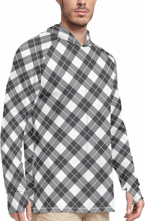 Mens Sun Protection Hoodie Long Sleeve Sun Shirt with Hood UPF 50  Fishing Shirt Rash Guards Mens Plaid Charcoal Black