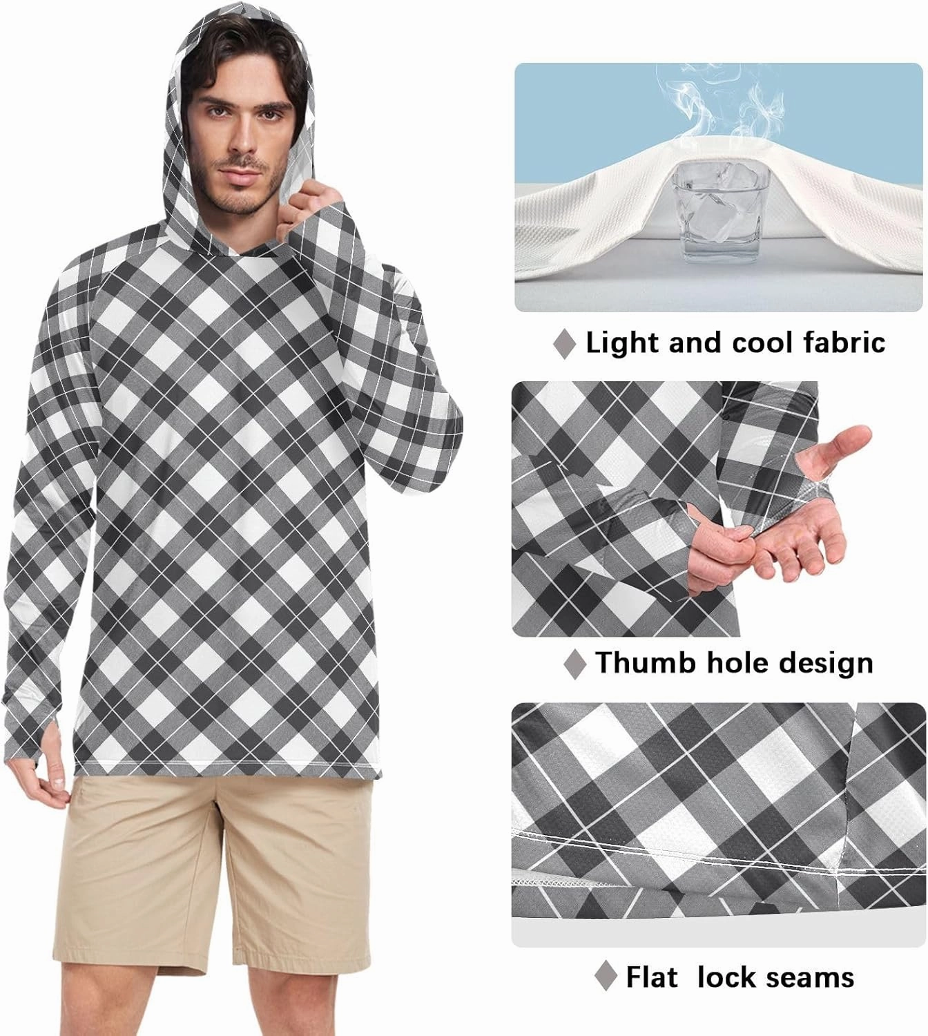 Mens Sun Protection Hoodie Long Sleeve Sun Shirt with Hood UPF 50  Fishing Shirt Rash Guards Mens Plaid Charcoal Black