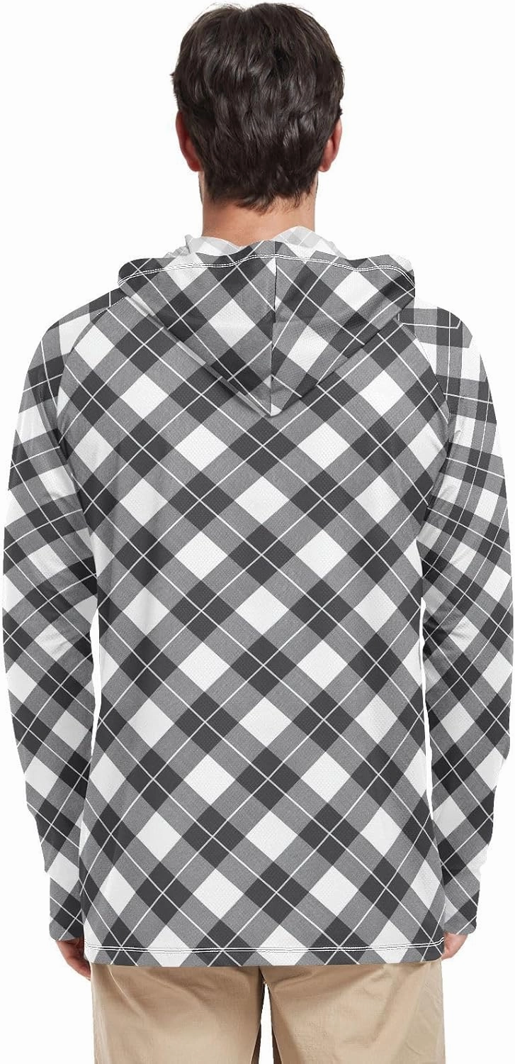 Mens Sun Protection Hoodie Long Sleeve Sun Shirt with Hood UPF 50  Fishing Shirt Rash Guards Mens Plaid Charcoal Black