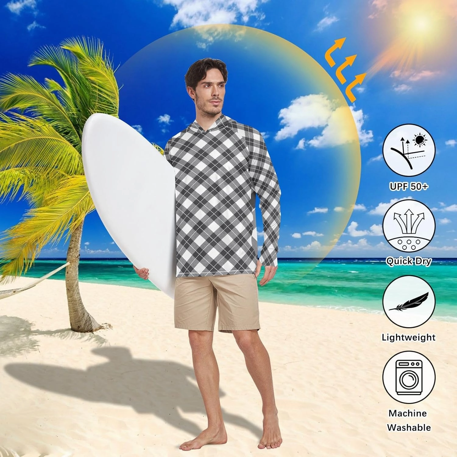 Mens Sun Protection Hoodie Long Sleeve Sun Shirt with Hood UPF 50  Fishing Shirt Rash Guards Mens Plaid Charcoal Black